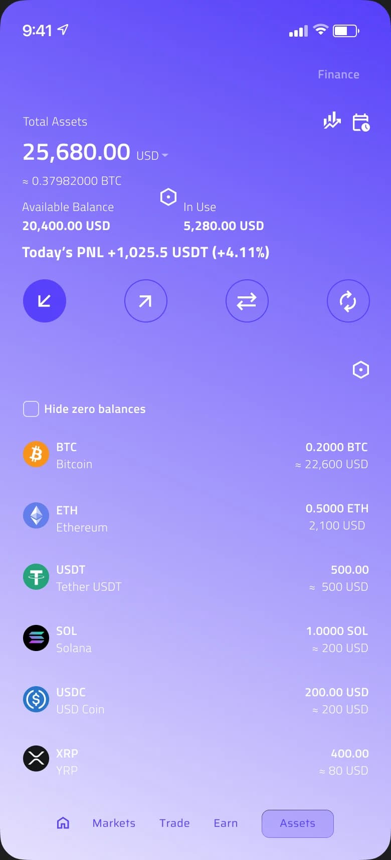 Assets screen: total assets, balances and holdings by coin.