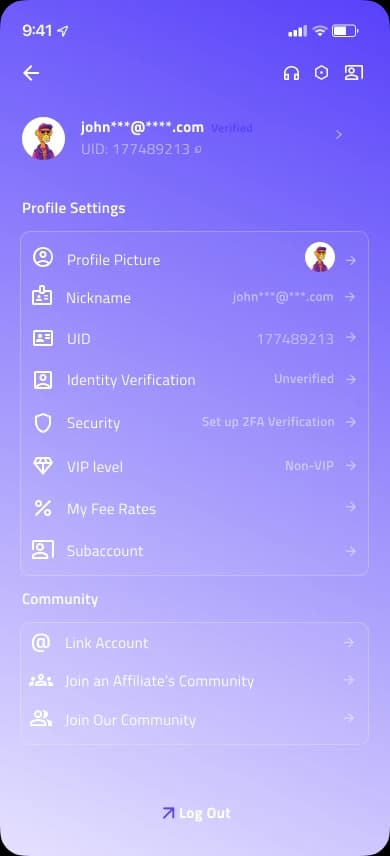 Profile screen: account details, profile settings such as identity verification, security and fee rates, and community links.