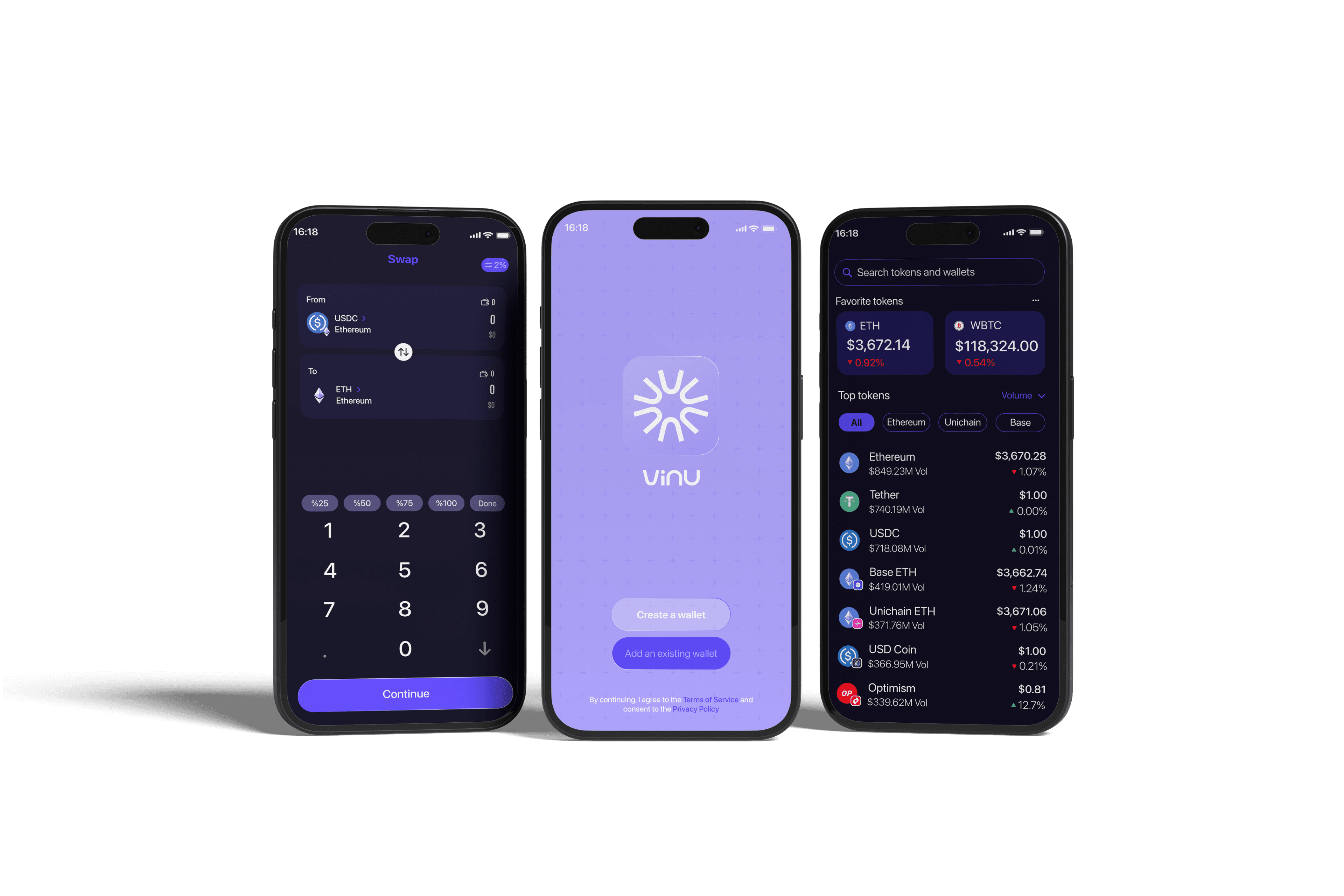 Three wallet screens: a swap, the Vinu welcome screen and a token list