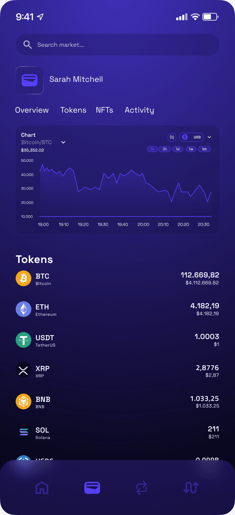 Wallet portfolio screen: token holdings with their values.